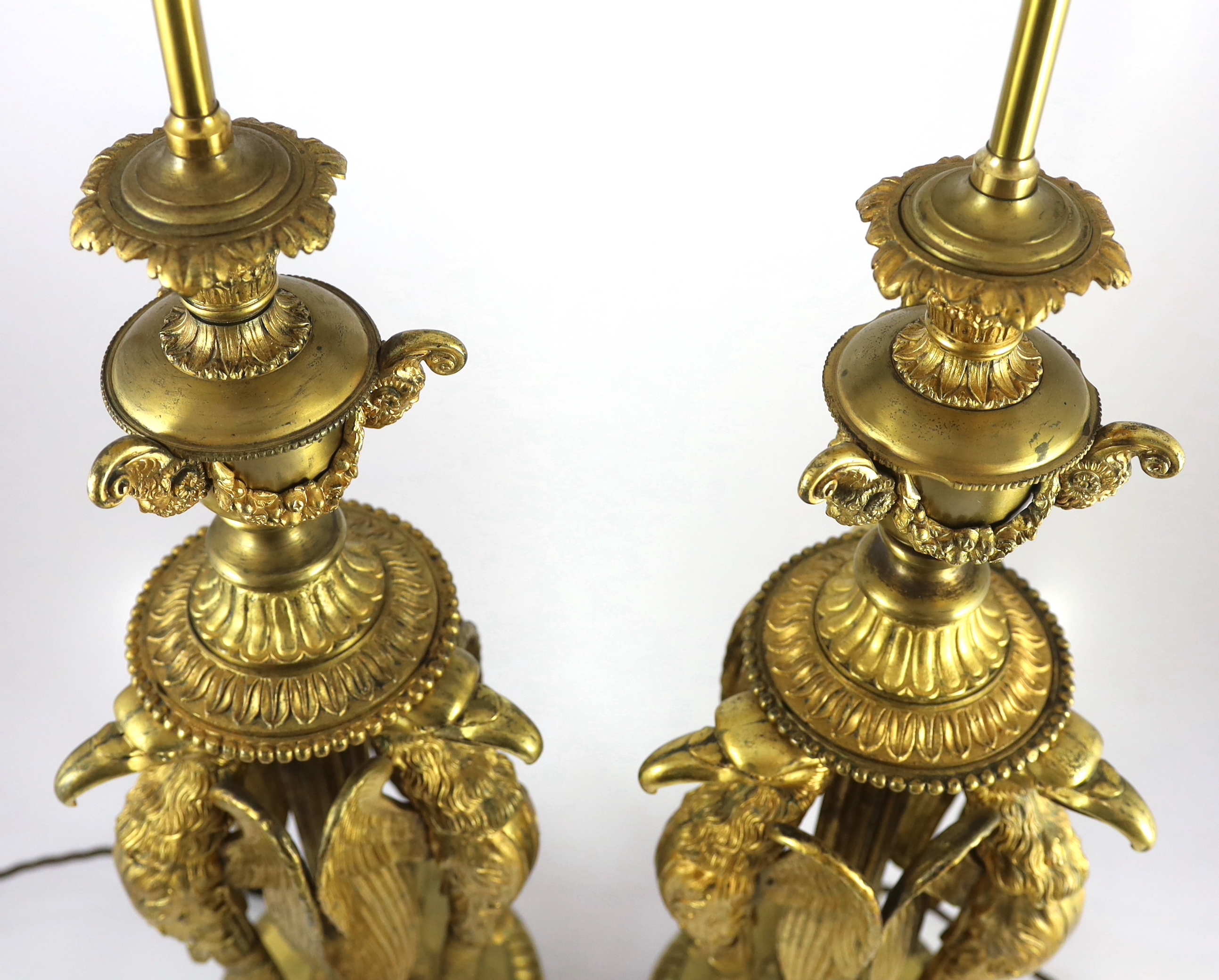 A pair of Empire Revival ormolu table lamps, overall 91cm high